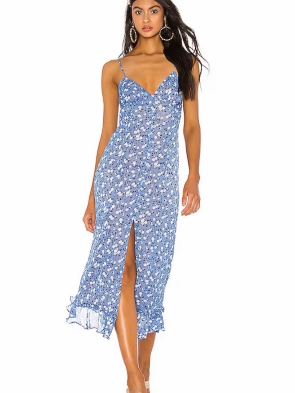 MAJORELLE Blue Floral Midi Slip Dress